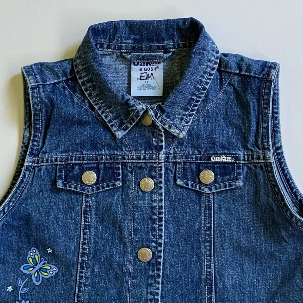 Vintage OSHKOSH Vest 3T Blue 90s Girls Denim Jeans Butterflies USA EUC snaps